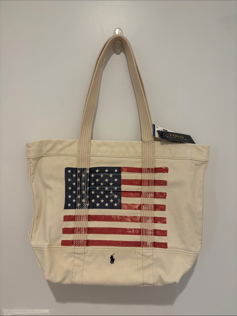 Polo by Ralph Lauren Cream Canvas Tote with American Flag Print